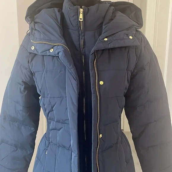 Cole Haan Signature Navy Long Down Puffer Coat Hooded Size XS NWT - Picture 5 of 11